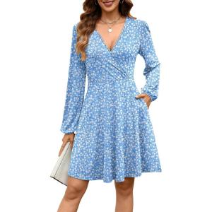 imageANRABESS Womens Long Sleeve Wrap Dress Floral Flowy ALine Casual Work Spring Vacation Short DressesBlue White Floral