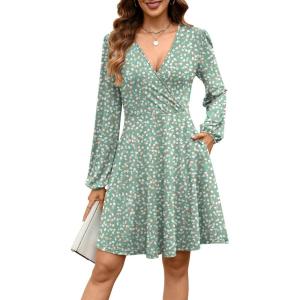 imageANRABESS Womens Long Sleeve Wrap Dress Floral Flowy ALine Casual Work Spring Vacation Short DressesFloral Green