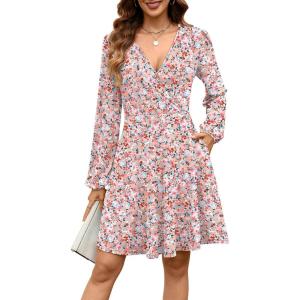imageANRABESS Womens Long Sleeve Wrap Dress Floral Flowy ALine Casual Work Spring Vacation Short DressesFloral Pink