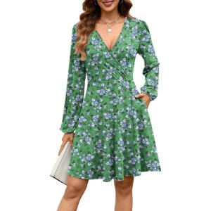 imageANRABESS Womens Long Sleeve Wrap Dress Floral Flowy ALine Casual Work Spring Vacation Short DressesGreen White Purple Floral