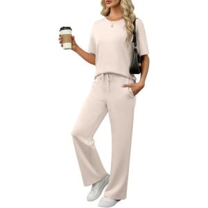 imageANRABESS Womens Lounge Sets 2 Piece Outfits 2026 Summer Casual Short Sleeve Sweatsuits Matching Tracksuits Wide Leg Pant SetApricot