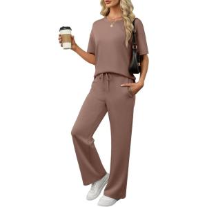 imageANRABESS Womens Lounge Sets 2 Piece Outfits 2026 Summer Casual Short Sleeve Sweatsuits Matching Tracksuits Wide Leg Pant SetBrown