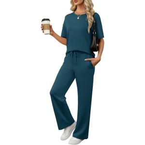 imageANRABESS Womens Lounge Sets 2 Piece Outfits 2026 Summer Casual Short Sleeve Sweatsuits Matching Tracksuits Wide Leg Pant SetLake Green
