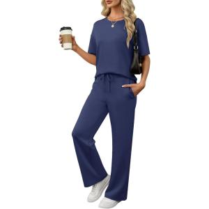 imageANRABESS Womens Lounge Sets 2 Piece Outfits 2026 Summer Casual Short Sleeve Sweatsuits Matching Tracksuits Wide Leg Pant SetNavy Blue