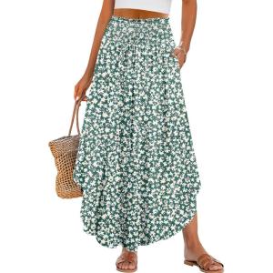 imageANRABESS Womens Maxi Skirts Summer Boho Floral High Waisted Flowy Swing Pleated Beach Long Skirt with PocketsFloral Beige