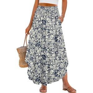 imageANRABESS Womens Maxi Skirts Summer Boho Floral High Waisted Flowy Swing Pleated Beach Long Skirt with PocketsFloral Leaves