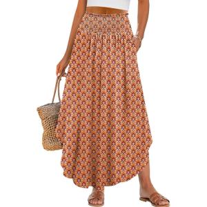imageANRABESS Womens Maxi Skirts Summer Boho Floral High Waisted Flowy Swing Pleated Beach Long Skirt with PocketsFloral Orange