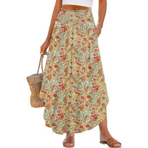 imageANRABESS Womens Maxi Skirts Summer Boho Floral High Waisted Flowy Swing Pleated Beach Long Skirt with PocketsFloral Orange Red