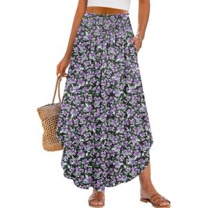 imageANRABESS Womens Maxi Skirts Summer Boho Floral High Waisted Flowy Swing Pleated Beach Long Skirt with PocketsFloral Purple Black