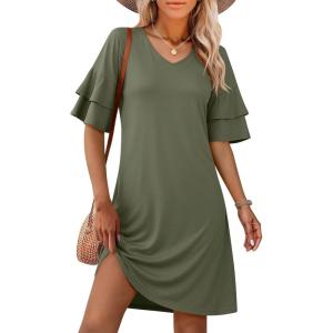 imageANRABESS Womens Summer Dresses 2026 Ruffle Sleeve V Neck Casual A Line Tshirt Mini Dress Beach Vacation Clothes with PocketsArmy Green