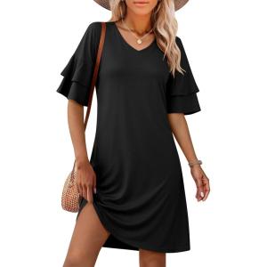 imageANRABESS Womens Summer Dresses 2026 Ruffle Sleeve V Neck Casual A Line Tshirt Mini Dress Beach Vacation Clothes with PocketsBlack