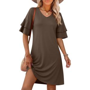 imageANRABESS Womens Summer Dresses 2026 Ruffle Sleeve V Neck Casual A Line Tshirt Mini Dress Beach Vacation Clothes with PocketsCoffee