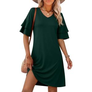 imageANRABESS Womens Summer Dresses 2026 Ruffle Sleeve V Neck Casual A Line Tshirt Mini Dress Beach Vacation Clothes with PocketsDeep Green