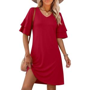 imageANRABESS Womens Summer Dresses 2026 Ruffle Sleeve V Neck Casual A Line Tshirt Mini Dress Beach Vacation Clothes with PocketsRed