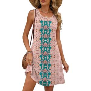 imageANRABESS Womens Summer Dresses Lace Crew Neck Sleeveless Sundress 2026 Mini Tank Dress Boho Beach Cover Ups with PocketsBohemian Pink