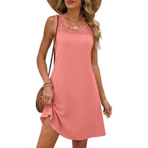 imageANRABESS Womens Summer Dresses Lace Crew Neck Sleeveless Sundress 2026 Mini Tank Dress Boho Beach Cover Ups with PocketsCoral