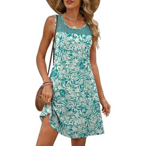 imageANRABESS Womens Summer Dresses Lace Crew Neck Sleeveless Sundress 2026 Mini Tank Dress Boho Beach Cover Ups with PocketsFloral Green