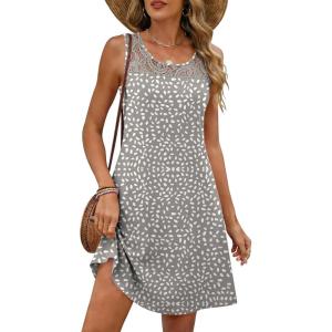 imageANRABESS Womens Summer Dresses Lace Crew Neck Sleeveless Sundress 2026 Mini Tank Dress Boho Beach Cover Ups with PocketsGrey Khaki White Dot