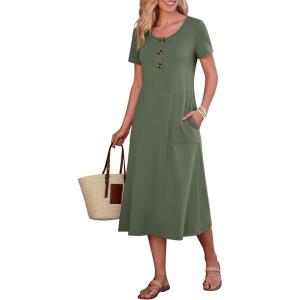 imageANRABESS Womens Summer Midi Dress Short Sleeve Button Up Crewneck Casual 2026 Beach Vacation Loose Dresses with PocketsArmy Green