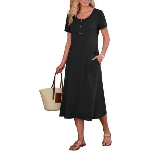 imageANRABESS Womens Summer Midi Dress Short Sleeve Button Up Crewneck Casual 2026 Beach Vacation Loose Dresses with PocketsBlack
