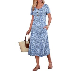 imageANRABESS Womens Summer Midi Dress Short Sleeve Button Up Crewneck Casual 2026 Beach Vacation Loose Dresses with PocketsFloral Blue White