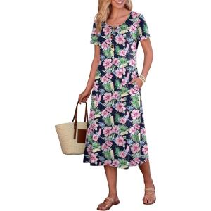 imageANRABESS Womens Summer Midi Dress Short Sleeve Button Up Crewneck Casual 2026 Beach Vacation Loose Dresses with PocketsFloral Pink Green
