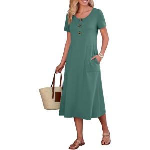 imageANRABESS Womens Summer Midi Dress Short Sleeve Button Up Crewneck Casual 2026 Beach Vacation Loose Dresses with PocketsGreen