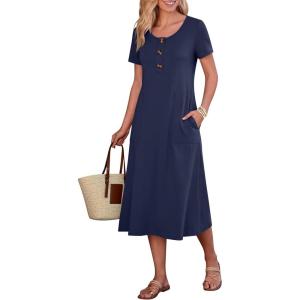 imageANRABESS Womens Summer Midi Dress Short Sleeve Button Up Crewneck Casual 2026 Beach Vacation Loose Dresses with PocketsNavy Blue