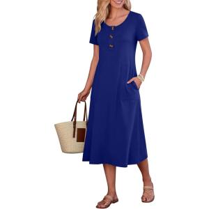 imageANRABESS Womens Summer Midi Dress Short Sleeve Button Up Crewneck Casual 2026 Beach Vacation Loose Dresses with PocketsRoyal