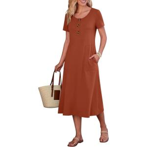 imageANRABESS Womens Summer Midi Dress Short Sleeve Button Up Crewneck Casual 2026 Beach Vacation Loose Dresses with PocketsRust Red