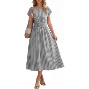 imageANRABESS Womens Summer Midi Dress Striped Casual Short Sleeve Crewneck Empire Waist 2026 Flowy Long Beach Dress with PocketsBlack White Stripe