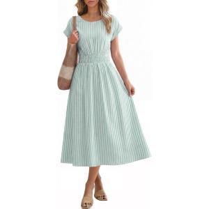 imageANRABESS Womens Summer Midi Dress Striped Casual Short Sleeve Crewneck Empire Waist 2026 Flowy Long Beach Dress with PocketsGreen White Stripe