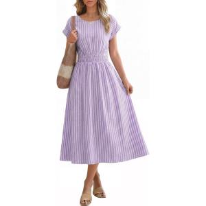 imageANRABESS Womens Summer Midi Dress Striped Casual Short Sleeve Crewneck Empire Waist 2026 Flowy Long Beach Dress with PocketsPurple White Stripe