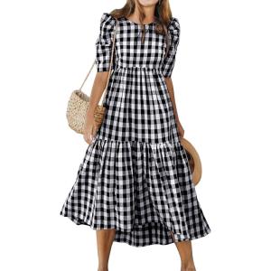 imageANRABESS Womens Summer Midi Dresses Casual 2026 Plaid Short Puff Sleeve High Low Flowy Beach Vacation Dress with PocketsBlack White Plaid
