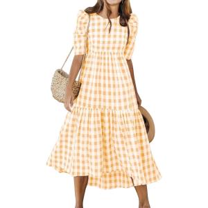 imageANRABESS Womens Summer Midi Dresses Casual 2026 Plaid Short Puff Sleeve High Low Flowy Beach Vacation Dress with PocketsKhaki White Plaid