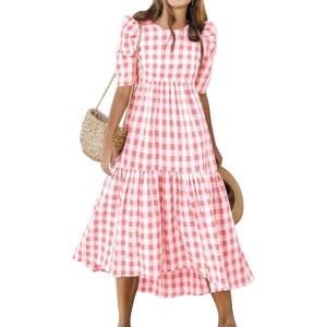 imageANRABESS Womens Summer Midi Dresses Casual 2026 Plaid Short Puff Sleeve High Low Flowy Beach Vacation Dress with PocketsPink White Plaid