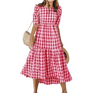 imageANRABESS Womens Summer Midi Dresses Casual 2026 Plaid Short Puff Sleeve High Low Flowy Beach Vacation Dress with PocketsRed White Plaid