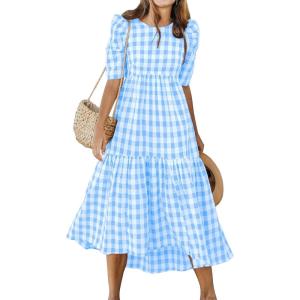 imageANRABESS Womens Summer Midi Dresses Casual 2026 Plaid Short Puff Sleeve High Low Flowy Beach Vacation Dress with PocketsSky Blue White Plaid