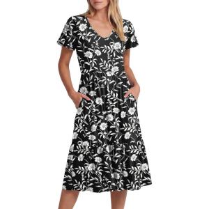 imageANRABESS Womens Summer Midi Dresses Casual V Neck Short Sleeve A Line Floral Flowy Tiered Beach Vacation Dress with PocketsBlack Floral
