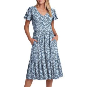 imageANRABESS Womens Summer Midi Dresses Casual V Neck Short Sleeve A Line Floral Flowy Tiered Beach Vacation Dress with PocketsBlue White Floral