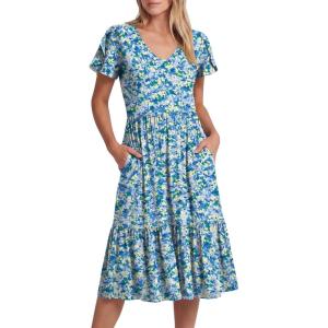 imageANRABESS Womens Summer Midi Dresses Casual V Neck Short Sleeve A Line Floral Flowy Tiered Beach Vacation Dress with PocketsBlue Yellow Floral
