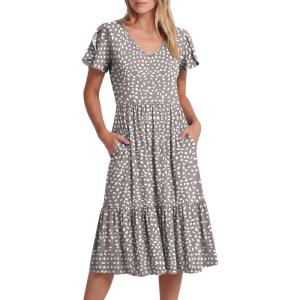 imageANRABESS Womens Summer Midi Dresses Casual V Neck Short Sleeve A Line Floral Flowy Tiered Beach Vacation Dress with PocketsKhaki Polka Dot