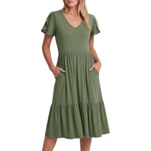 imageANRABESS Womens Summer Midi Dresses Casual V Neck Short Sleeve A Line Floral Flowy Tiered Beach Vacation Dress with PocketsOlive