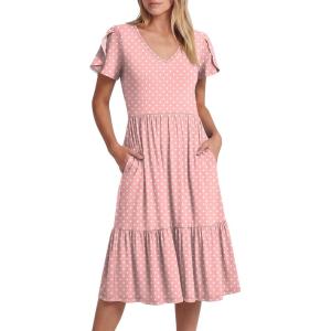 imageANRABESS Womens Summer Midi Dresses Casual V Neck Short Sleeve A Line Floral Flowy Tiered Beach Vacation Dress with PocketsPink White Dot