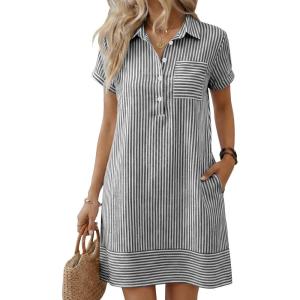 imageANRABESS Womens Summer Shirt Dresses Casual Short Sleeve Button Tshirt Shift Short Polo Dress 2026 Beach Vacation ClothesBlack White Stripe