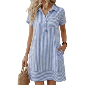 imageANRABESS Womens Summer Shirt Dresses Casual Short Sleeve Button Tshirt Shift Short Polo Dress 2026 Beach Vacation ClothesBlue White Stripe