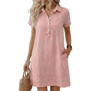 imageANRABESS Womens Summer Shirt Dresses Casual Short Sleeve Button Tshirt Shift Short Polo Dress 2026 Beach Vacation ClothesRed White Stripe