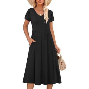 imageANRABESS Womens Summer Short Sleeve Midi Dresses Casual Floral TShirt Dress V Neck ALine Flowy Beach Sundress with PocketsBlack