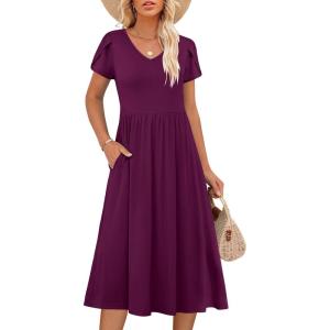imageANRABESS Womens Summer Short Sleeve Midi Dresses Casual Floral TShirt Dress V Neck ALine Flowy Beach Sundress with PocketsDark Purple