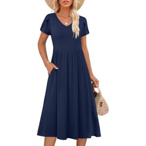 imageANRABESS Womens Summer Short Sleeve Midi Dresses Casual Floral TShirt Dress V Neck ALine Flowy Beach Sundress with PocketsNavy Blue